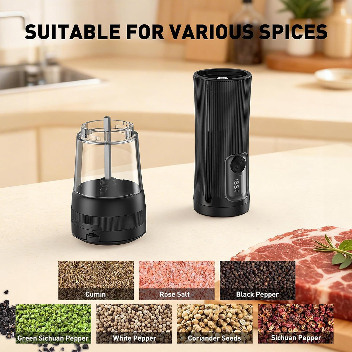 Electric Salt and Pepper Grinder Set, 2 in 1 Dual Bins USB Rechargeable
