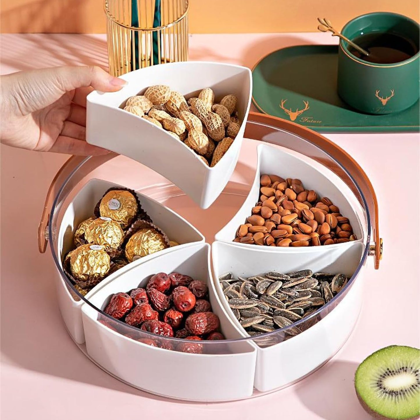 Round Plastic Divided Snack Box with Lid & Handle – Snackle Box Container for Fruits, Veggies, Candy, Travel, and Party Serving.