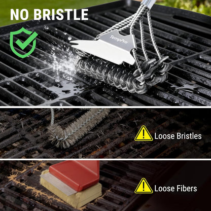 TempPro BBQ Grill Brush with Wide Scraper, Bristle-Free Stainless Steel Grilling Cleaner, Safe All-Grate Cleaner, Perfect for BBQ Grill Cleaning Accessory (Previously ThermoPro)