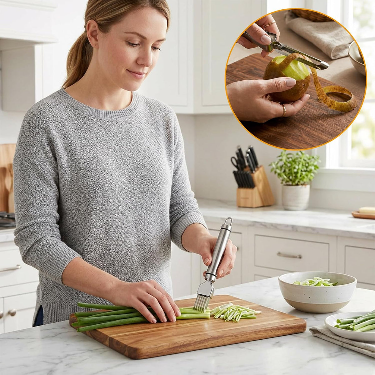 4PCS Green Onion Slicer Set, Scallion Shredder and Green Onion Cutter, Efficient Vegetable Shredder Tool with Two Straight Peelers for Kitchen Food Preparation, Durable Shredding Knife