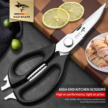 MAD SHARK Kitchen Scissors All Purpose Kitchen Shears Come Apart,Stainless Steel Utility Scissors with Comfort Grip,Heavy Duty Poultry Shears for Food,Chicken,Meat,Fish,Dishwash Safe(BLACK)
