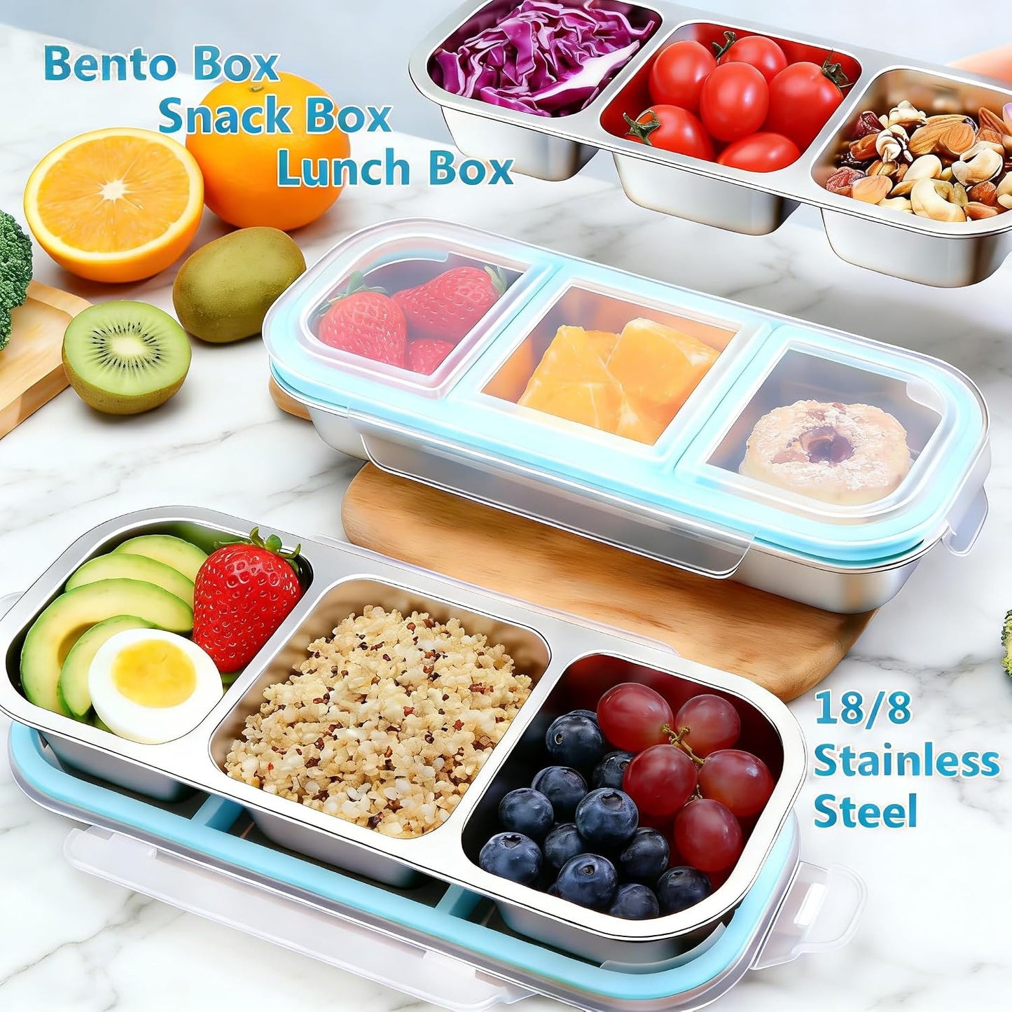 Snack Containers with Airtight Lids Reusable Stainless Steel 3-Compartment Metal Bento Lunch Box for Adults, Divided Food Storage Lunchable Meal Prep Containers, Snack Box with Spoon Sauce Jar
