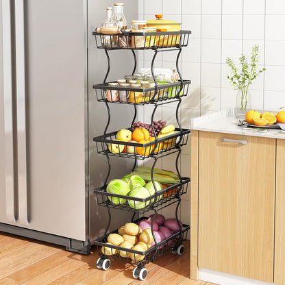 SAYZH Fruit Basket Kitchen Pantry Organizers and Storage - 4 Tier Stackable Metal Wire Basket Stand for Fruit Vegetable Snacks Jars Bins Containers Organization(Black, 4 Tiers)