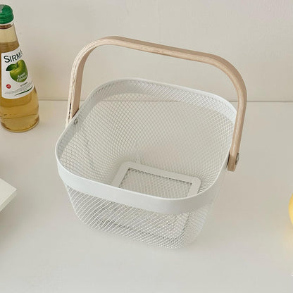 AJIODA Metal Mesh Wire Basket, Large Steel Basket with Wooden Handle Storage Organizer Basket Multi-functional Hanging Kitchen Baskets Fruit Baskets for Kitchen Bathroom Cabinet Pantry Snacks, Black