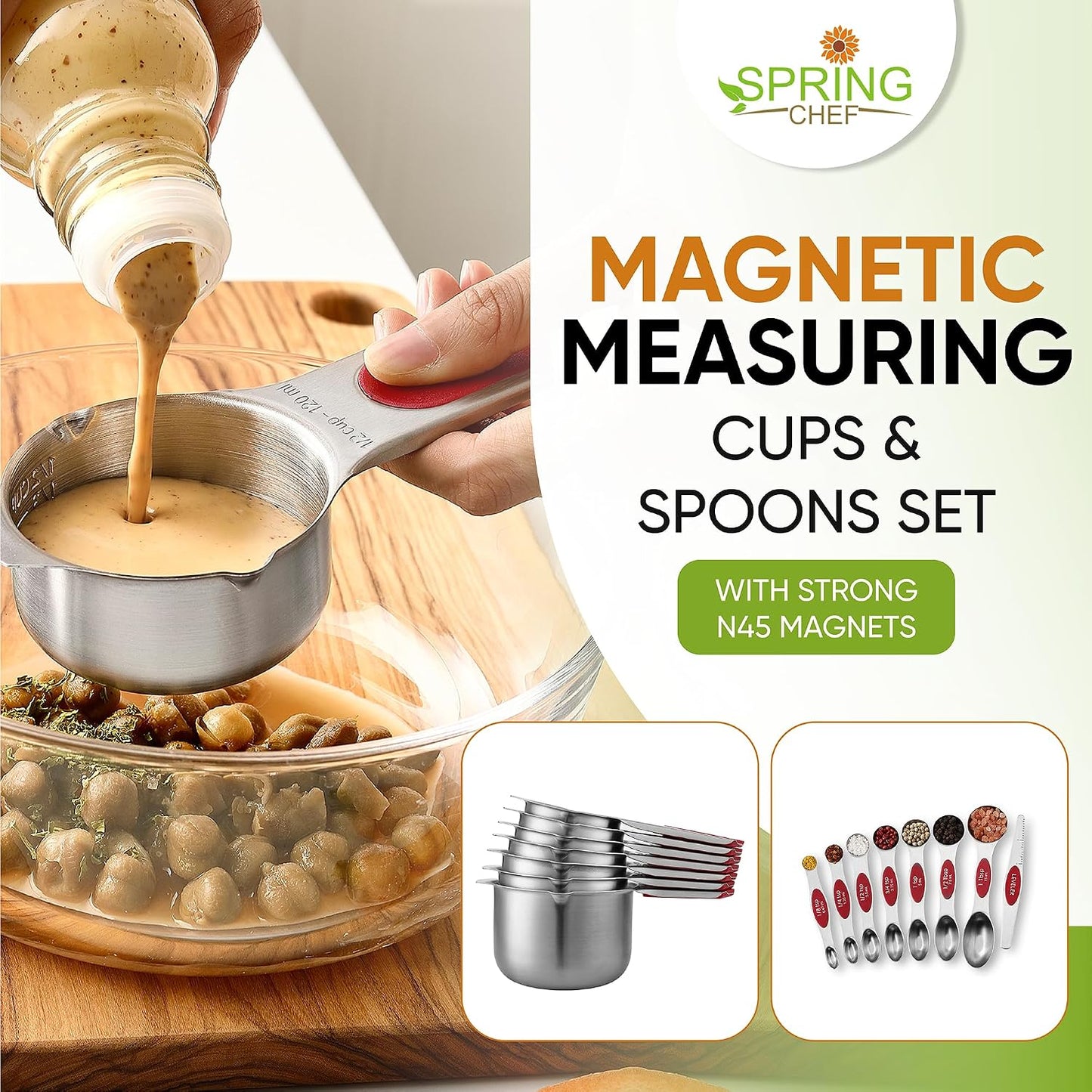 Spring Chef Magnetic Measuring Cups & Spoons Set, Patented, Strong N45 Magnets, Heavy Duty Stainless Steel Fits in Spice Jars for Baking & Cooking, BPA Free, Round Set of 15 with Leveler, Black