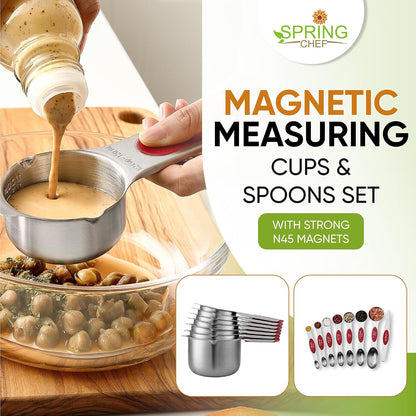 Spring Chef Magnetic Measuring Cups & Spoons Set, Patented, Strong N45 Magnets, Heavy Duty Stainless Steel Fits in Spice Jars for Baking & Cooking, BPA Free, Round Set of 15 with Leveler, Black