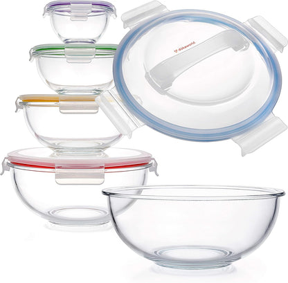 Set of 4 Stackable Space-Saving Nesting Glass Bowls with Airtight Acacia Lids for Lunch, Meal & Food Prep - Microwave & Oven-ready BPA Free Durable Heat Resistant Inert Borosilicate Glass