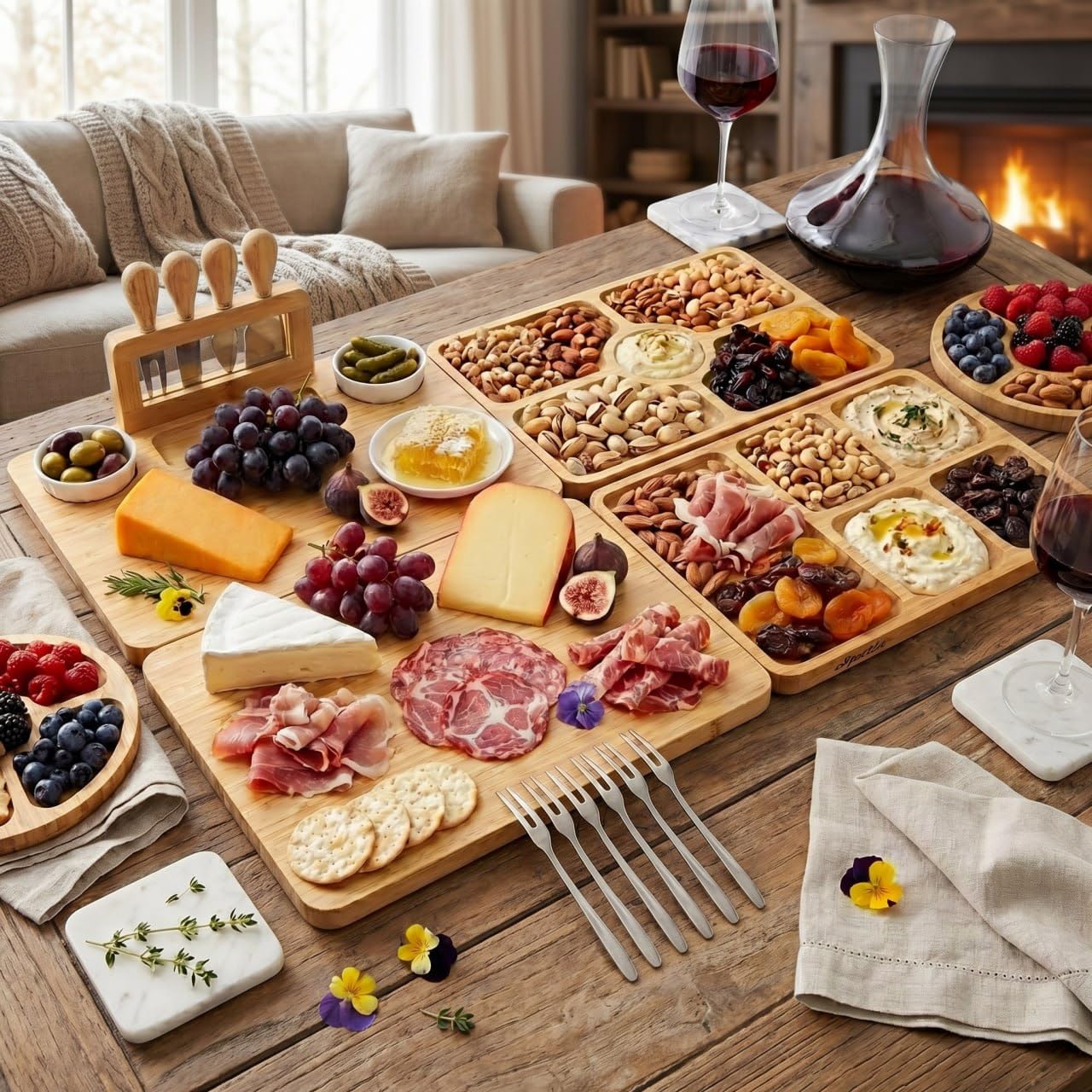 SPATIX Bamboo Charcuterie Boards Set Large Cheese Board Set with Charcuterie Accessories Perfect Birthday Gifts for Couple and House Warming Gifts New Home Gift
