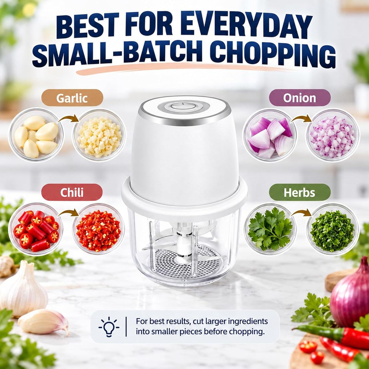Electric Garlic Chopper With Glass Bowl Cordless Mini Food Processor（White）