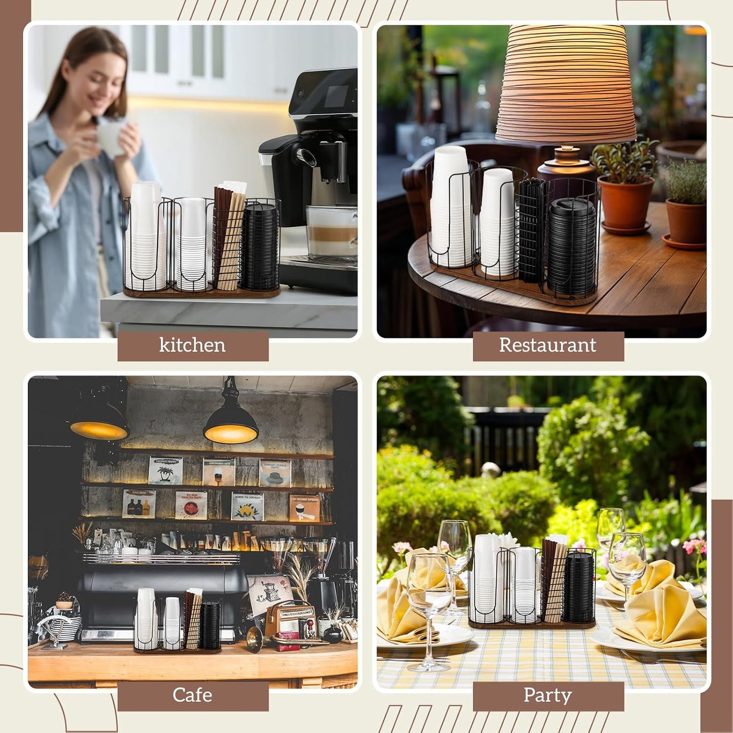 Geelin 18oz Adjustable Coffee Cup Dispenser with Wooden Base, Cup and Lid Holder, Cups Holder Organizer for Coffee Pod Straw and Lid Storage(2-compartment Single,Color 2)