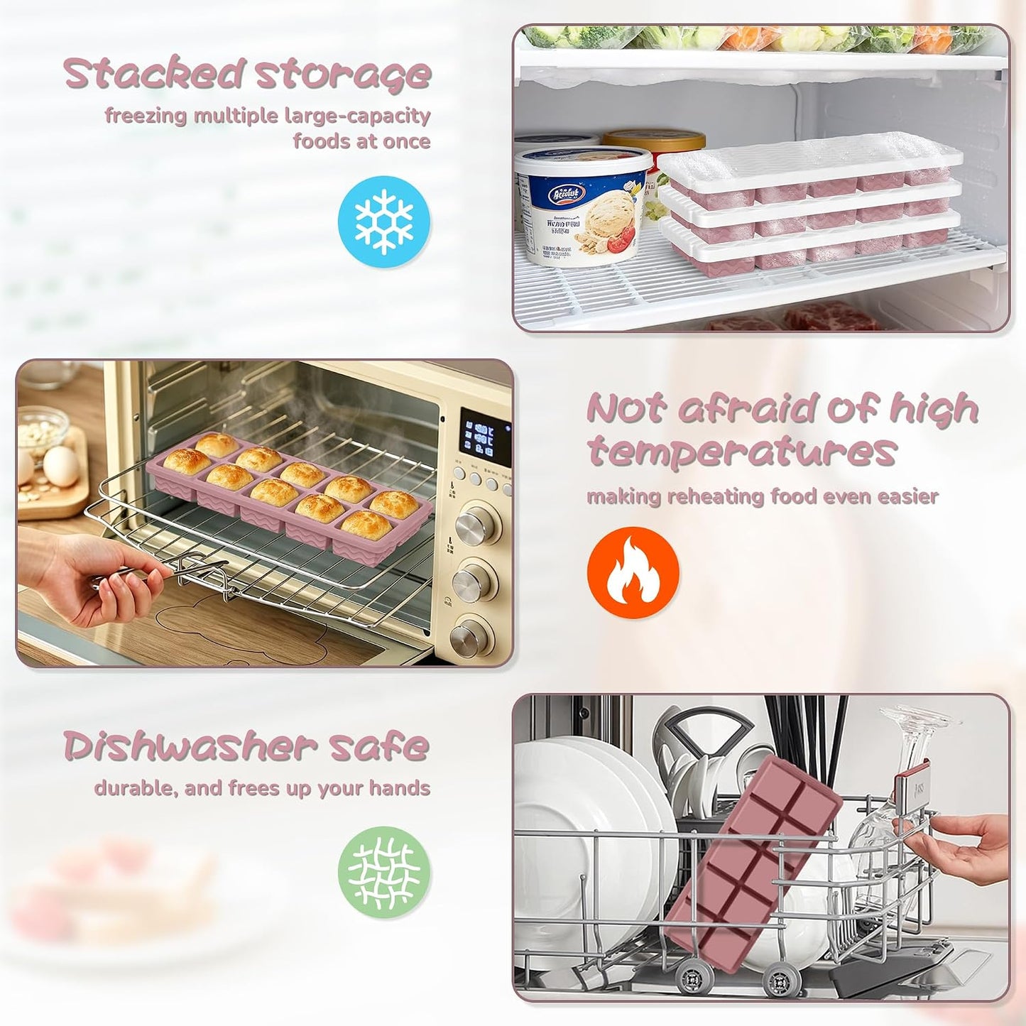 3-Pack Silicone Freezer Trays with Lid,2 Large 2-Cup(500ml)&4 Medium 1-Cup(250ml)&6 Small 1/2-Cup(125ml) Soup Freezer Container Molds,Ice Cube Tray For Meal Prep&Freezing Soup,Stews,Sauces