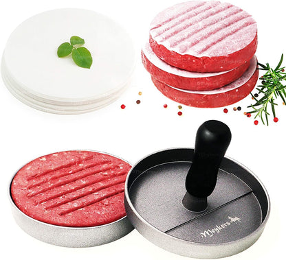 Meykers Burger Press 100 Patty Papers Set | Non-Stick Hamburger Press Patty Maker Mold with Free Wax Paper Sheets | Meat Beef Cheese Veggie Burger Maker for Grill Griddle BBQ Barbecue | BPA Free