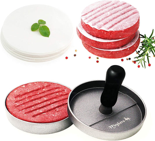 Meykers Burger Press 100 Patty Papers Set | Non-Stick Hamburger Press Patty Maker Mold with Free Wax Paper Sheets | Meat Beef Cheese Veggie Burger Maker for Grill Griddle BBQ Barbecue | BPA Free