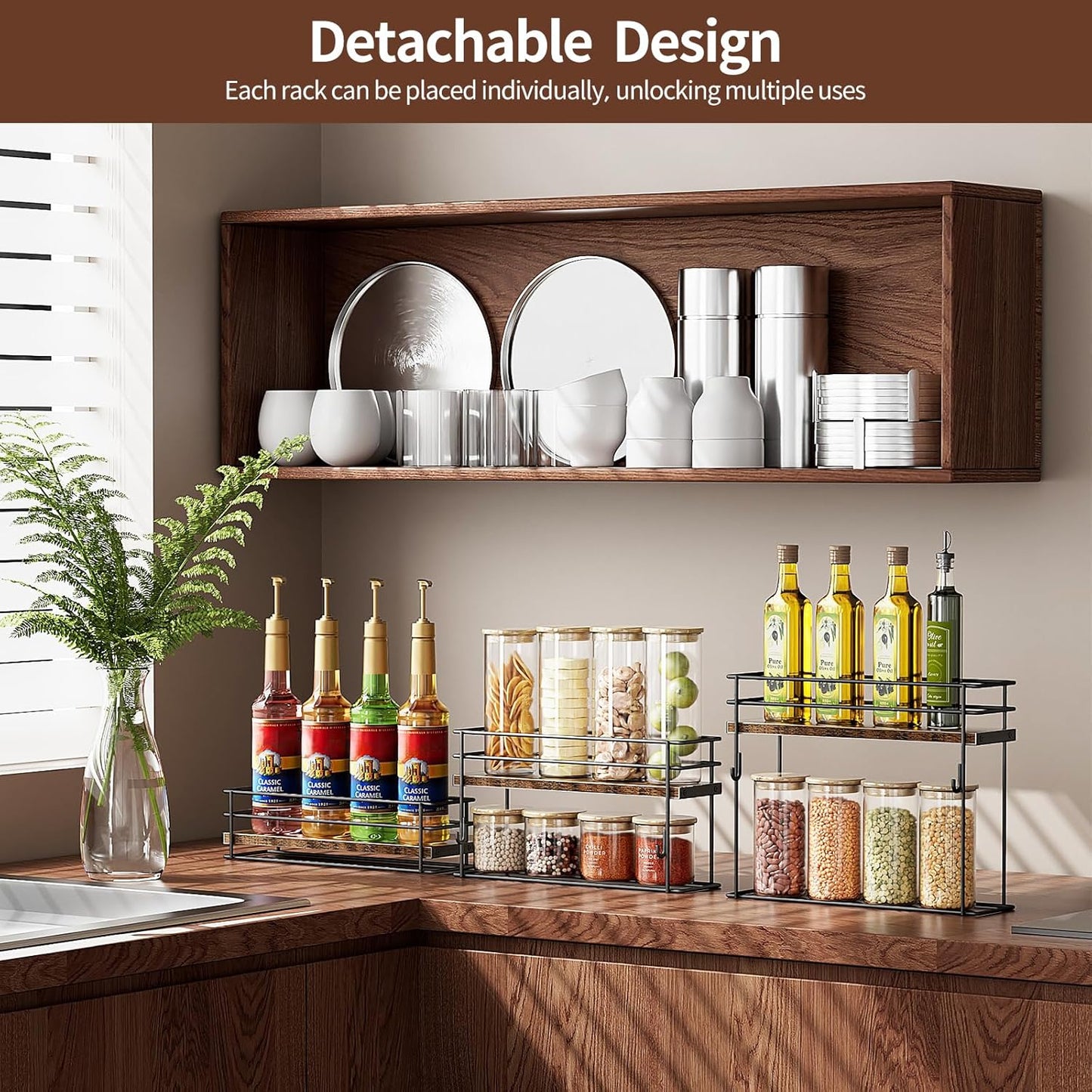 Nuovoware Coffee Syrup Organizer, 2-Tier 10 Bottles Bar Organizer, Separable Metal Rack with Wooden Base Whiskey Wine Dressing for Countertop Kitchen Coffee Bar, Black