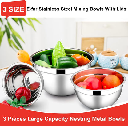 E-far Mixing Bowls With Lids Sets of 5, 10-Piece Stainless Steel Salad Metal Nesting Bowl for Baking Cooking and Prepping, Airtight Lid & Stackable Design, Size 4.6, 3, 2.1, 1.5, 0.7 QT, Black