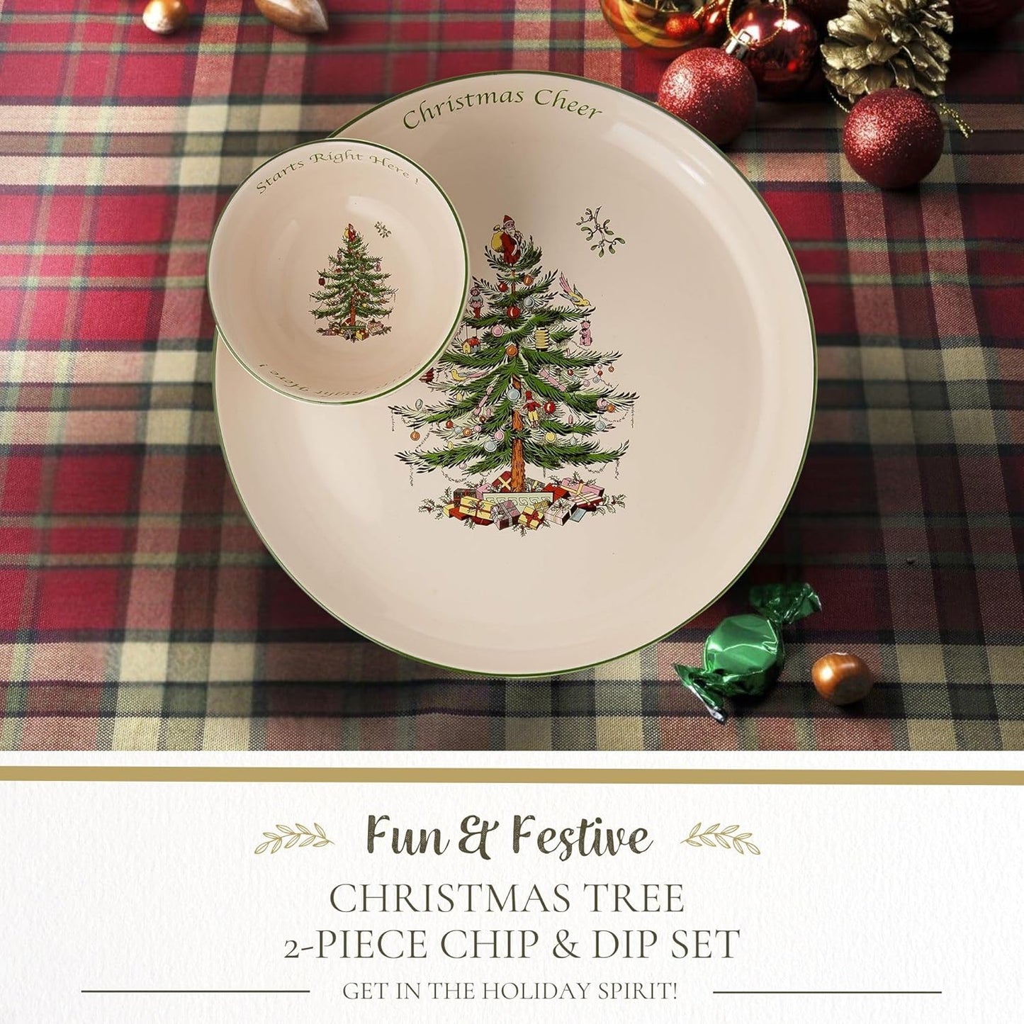 Spode Christmas Tree Chip & Dip Set, 12.5” Serving Platter with Bowl, Holiday Serveware for Appetizers, Fruit, Candy Side Dishes, Festive Treats, Dishwasher Safe, Christmas Tableware