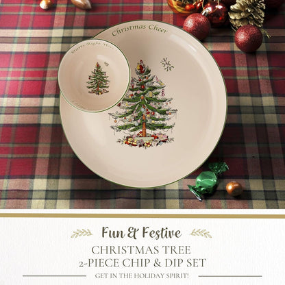 Spode Christmas Tree Chip & Dip Set, 12.5” Serving Platter with Bowl, Holiday Serveware for Appetizers, Fruit, Candy Side Dishes, Festive Treats, Dishwasher Safe, Christmas Tableware