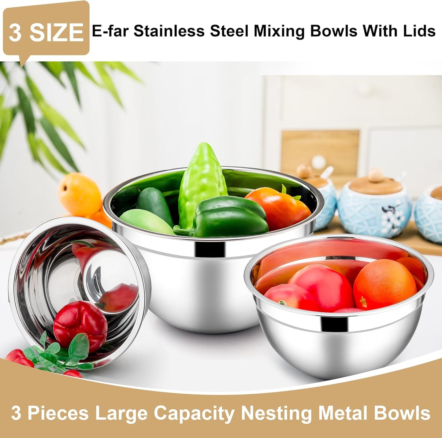 E-far Mixing Bowls With Lids Sets of 5, 10-Piece Stainless Steel Salad Metal Nesting Bowl for Baking Cooking and Prepping, Airtight Lid & Stackable Design, Size 4.6, 3, 2.1, 1.5, 0.7 QT, Black