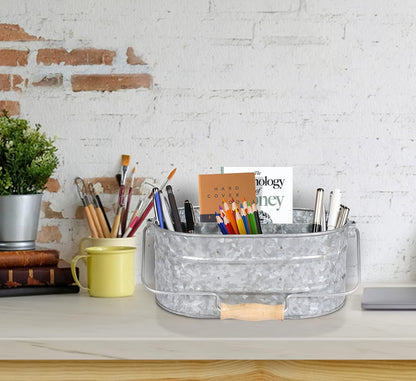 Galvanized Metal Caddy with 4 Compartments, Rustic Farmhouse Kitchen Picnic Utensil Holder, Multipurpose Storage Bin, Metal Garden Planters - 12 Inch - Antique Natural