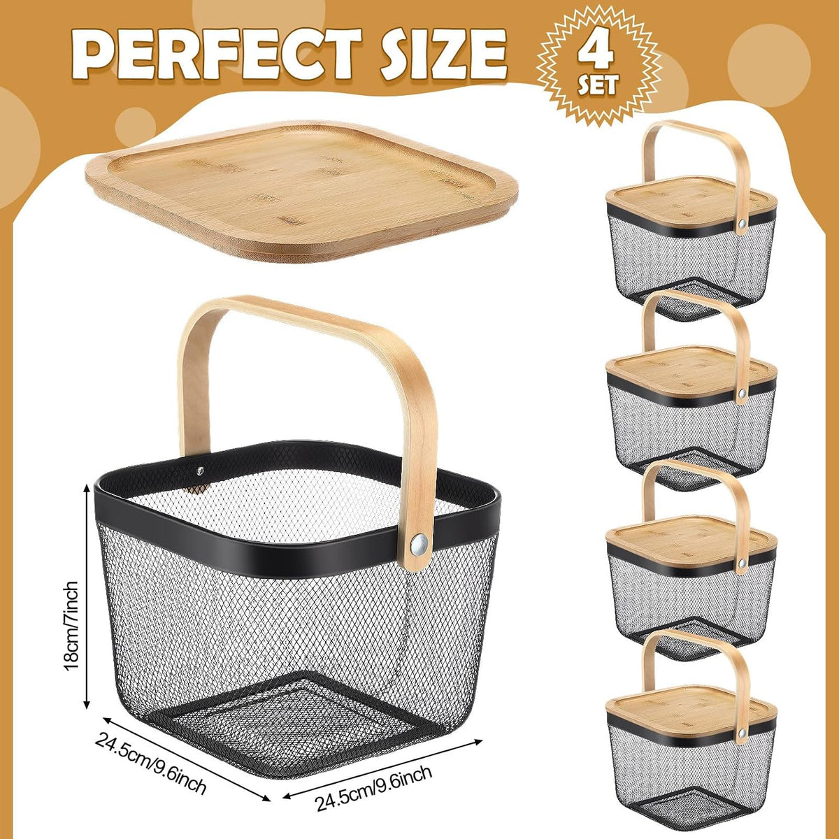 Maxdot 4 Pcs Metal Wire Mesh Fruit Basket with Lid and Handles Black Harvest Basket Fly-proof Fresh Vegetable Storage Bins Stackable for Gathering Kitchen Garden Picnic Shopping 9.6 x 9.6 x 7 Inch