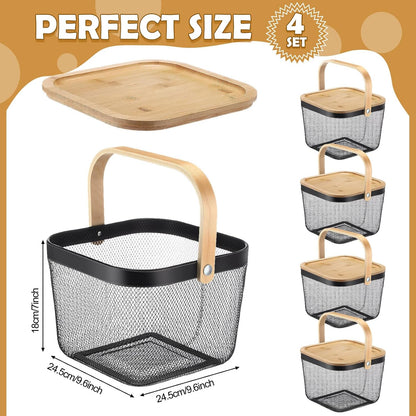 Maxdot 4 Pcs Metal Wire Mesh Fruit Basket with Lid and Handles Black Harvest Basket Fly-proof Fresh Vegetable Storage Bins Stackable for Gathering Kitchen Garden Picnic Shopping 9.6 x 9.6 x 7 Inch