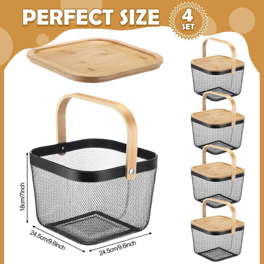 Maxdot 4 Pcs Metal Wire Mesh Fruit Basket with Lid and Handles Black Harvest Basket Fly-proof Fresh Vegetable Storage Bins Stackable for Gathering Kitchen Garden Picnic Shopping 9.6 x 9.6 x 7 Inch