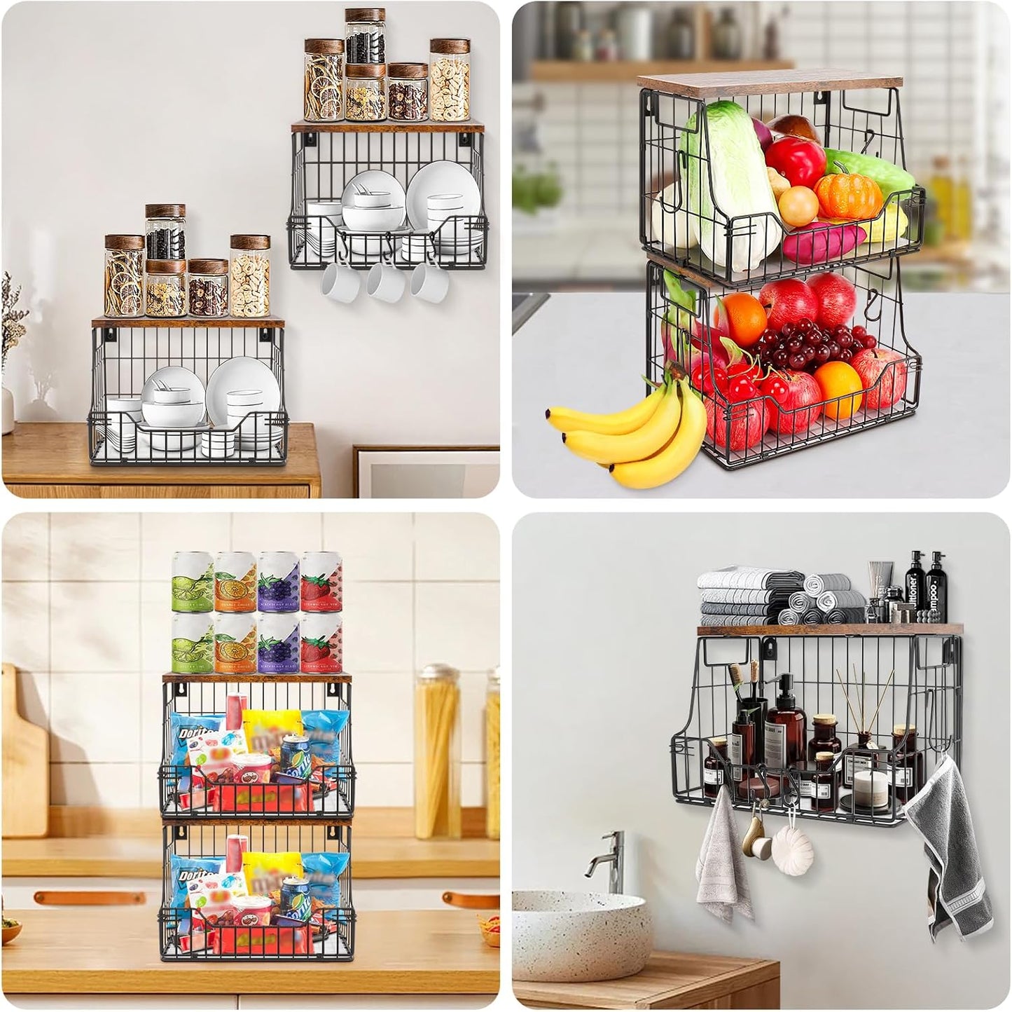 Livabber Fruit Basket for Kitchen, Metal Fruit Vegetable Storage Bin with 2 Banana Hangers, Countertop Wire Basket Organizer for Snack Potato Onion, Screw Mounted or Stand (Black, 1 Pack)