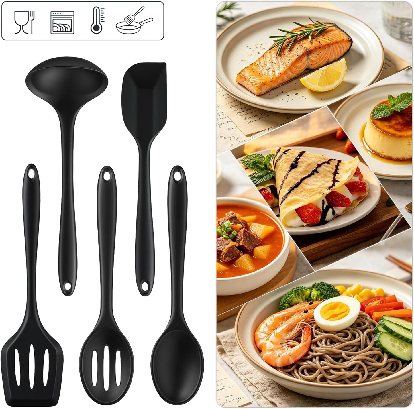 Silicone Kitchen Utensils Set, 5 PCS Heat Resistant Non Stick Cooking Tools, Silicone Spatula/Turner/Serving Spoon/Soup Ladle/Slotted Spoon, for Home and Camping
