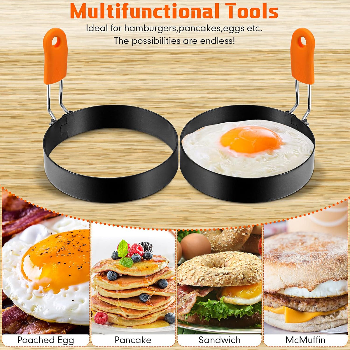 Patelai 6 Pcs Egg Rings Griddle Pancake Molds, Round Style, 4, 6, 8 Inch