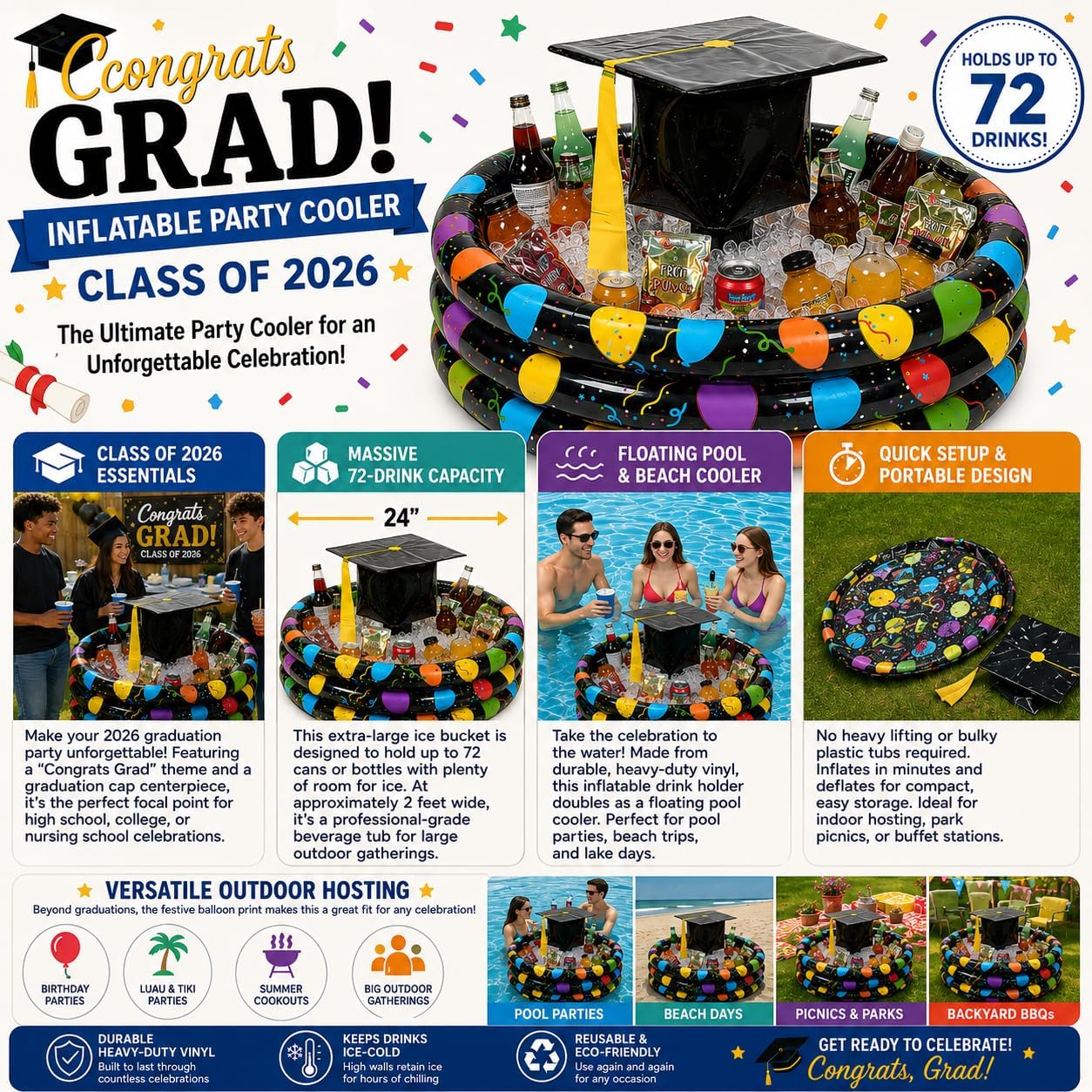 Fun Express Graduation Inflatable Party Cooler - Class of 2026 Graduation Party Decorations | Extra Large 72-Drink Ice Bucket & Floating Pool Cooler | Congrats Grad Party Supplies & Beverage Tub
