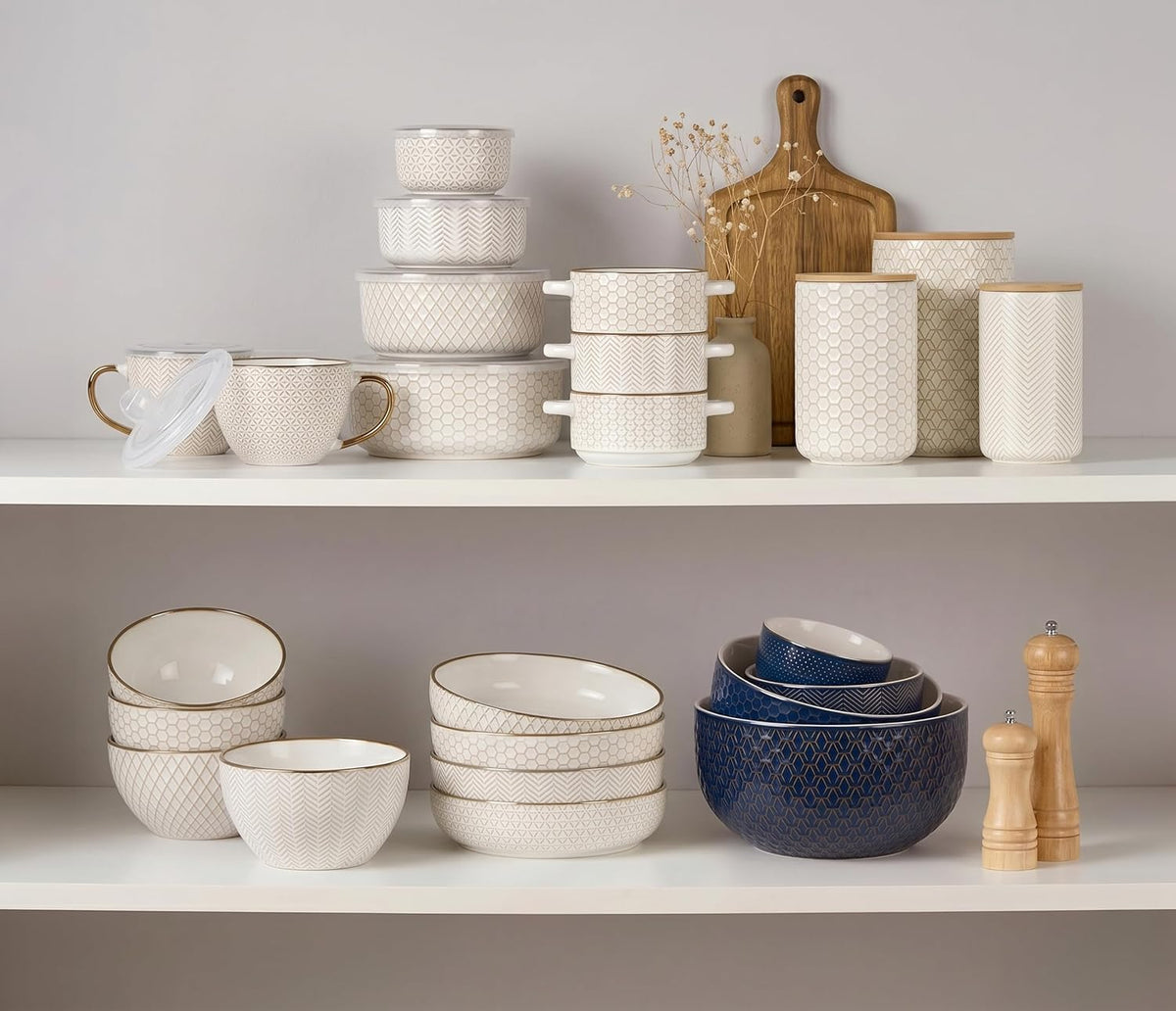 KooK Ceramic Nesting Bowls, Embossed, Oven Safe, Set of 4, Ivory