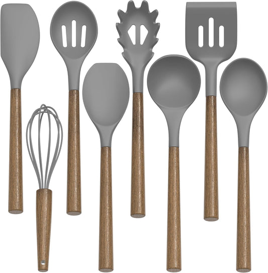 Silicone Kitchen Cooking Utensil Set, 9Pcs Kitchen Utensils Spatula Set with Wooden Handle for Nonstick Cookware, 446°F Heat Resistant Silicone Kitchen Gadgets Utensil Set with Large Holder（Grey）
