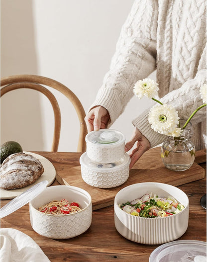 Mixing Bowls with Lids Set of 4, Ceramic Nesting Bowls, Embossed Mixing Bowl Set for Food Storage, Prep Bowl, Gift, Microwave and Dishwasher Safe, 10/18/33/50 OZ, Off-White