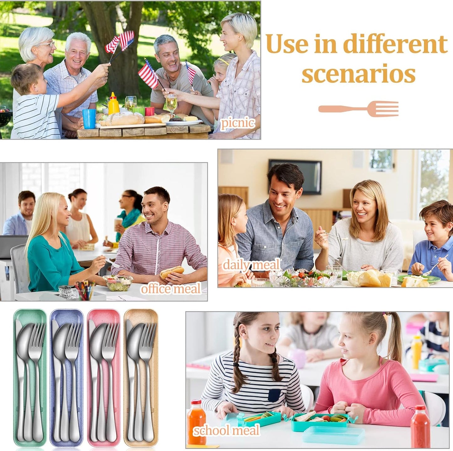 Yinkin 4 Pack Portable Travel Utensils Set with Case Reusable Stainless Steel Silverware Flatware Camping Cutlery Include Fork Spoon Knife for Work School Dishwasher Safe(White, Green, Red, Black)