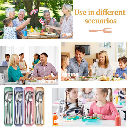 Yinkin 4 Pack Portable Travel Utensils Set with Case Reusable Stainless Steel Silverware Flatware Camping Cutlery Include Fork Spoon Knife for Work School Dishwasher Safe(White, Green, Red, Black)