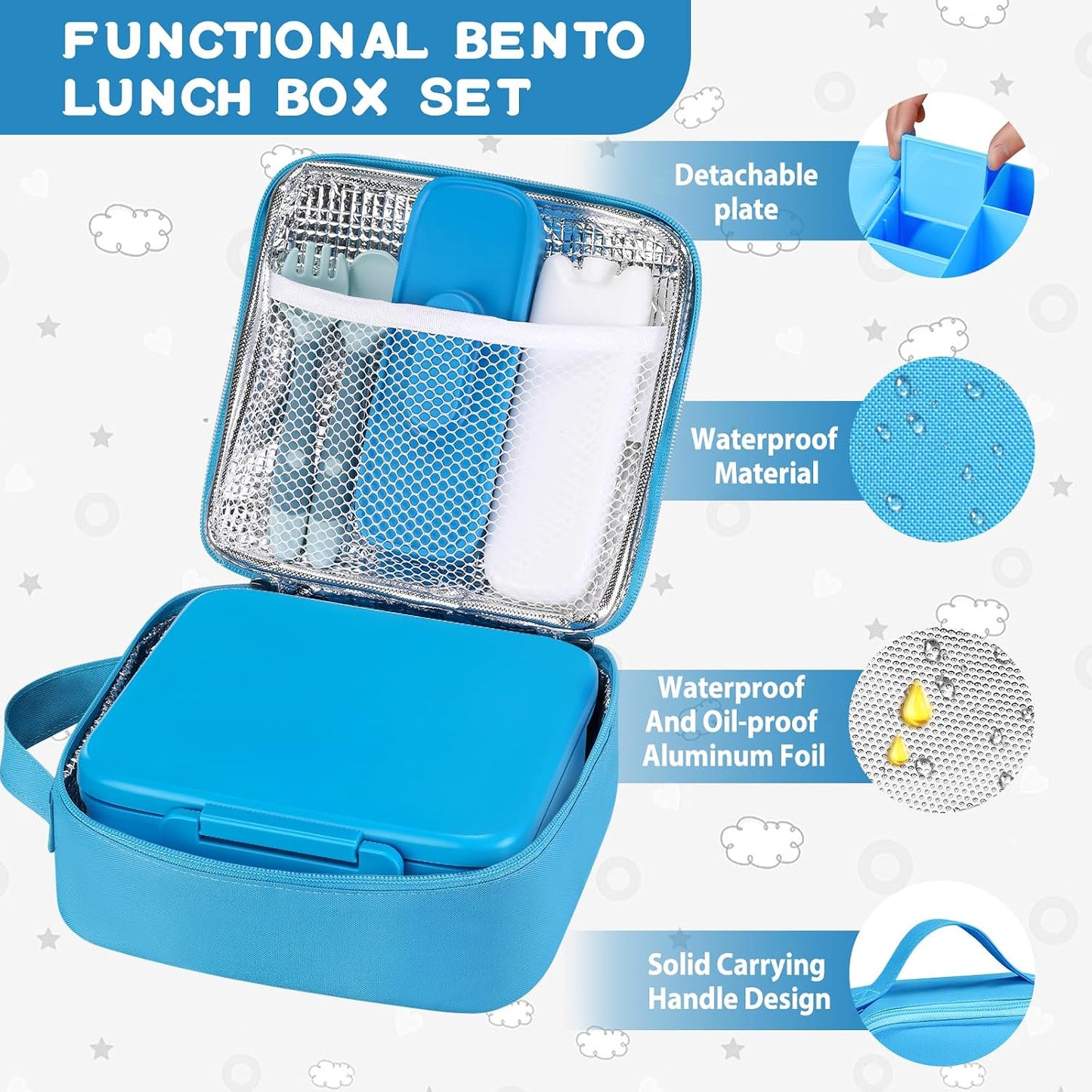 MAISON HUIS Bento Lunch Box with 8oz Soup Thermo and Insulated Lunch Bag, Kids Leakproof Lunch Food Containers with 5 Compartment, Boys Girls Thermo Hot Food Jar for Travel, School, BPA Free (Black)