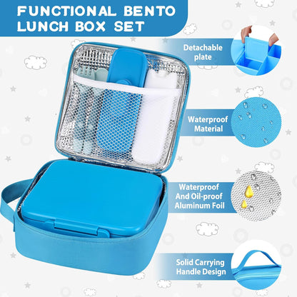 MAISON HUIS Bento Lunch Box with 8oz Soup Thermo and Insulated Lunch Bag, Kids Leakproof Lunch Food Containers with 5 Compartment, Boys Girls Thermo Hot Food Jar for Travel, School, BPA Free (Black)