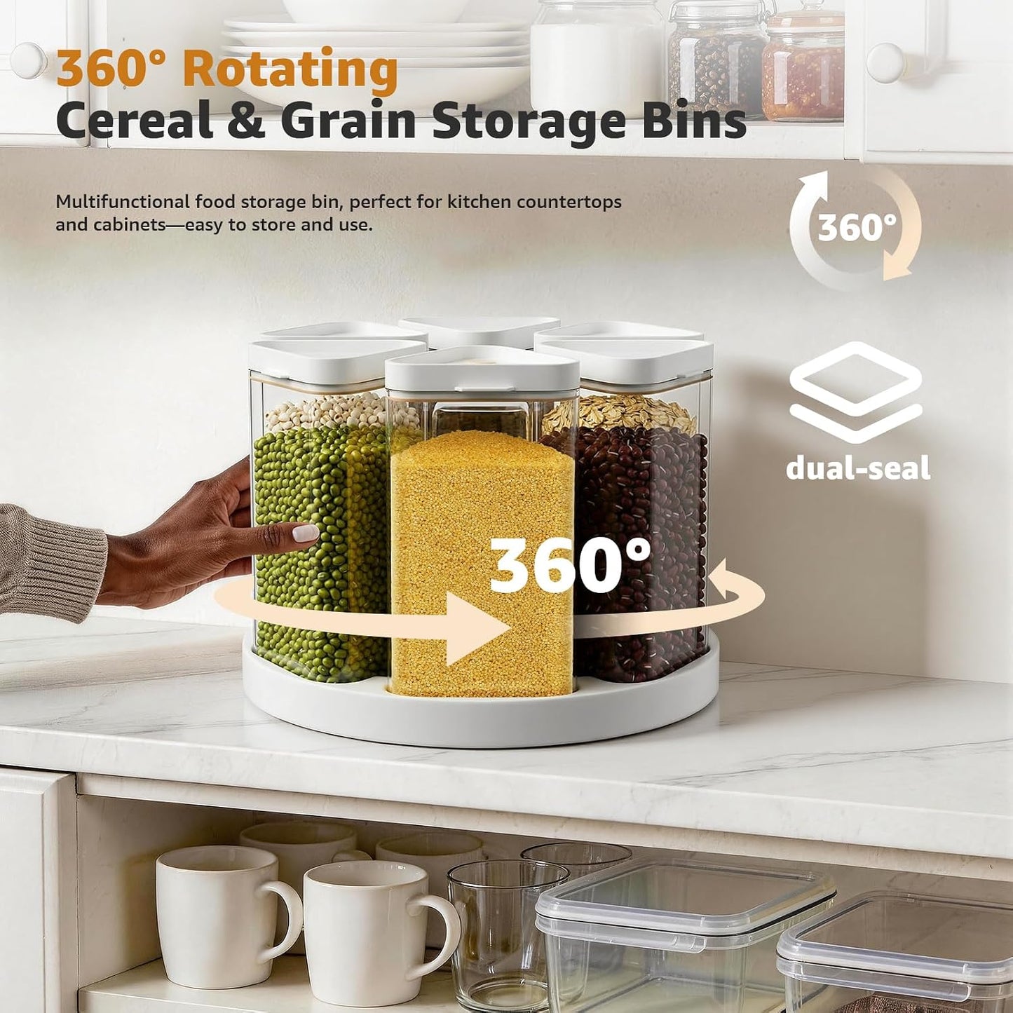 Rotating Grain Dispenser with Manual Vacuum Pump - 6-Grid Vacuum-Storage Canister Set, Food Storage Bins for Cereal, Rice, Beans & Bulk Dry Food Pantry Organization