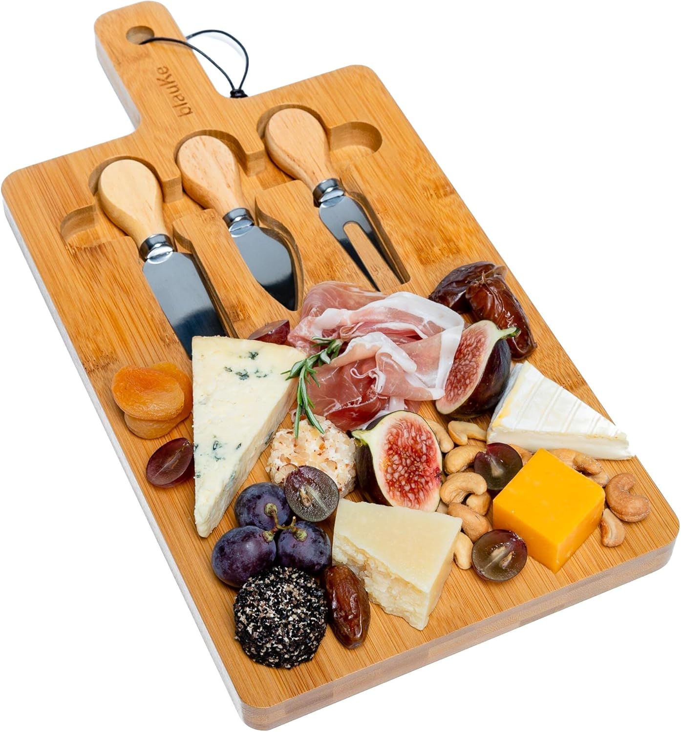 Bamboo Cheese Board and Knife Set – 14 inch Round Charcuterie Board, Serving Tray, Platter, Wood Cheeseboard Set with Slide-Out Drawer – BlauKe®