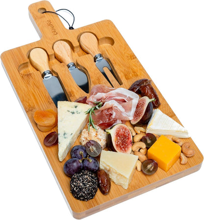 Bamboo Cheese Board and Knife Set – 14 inch Round Charcuterie Board, Serving Tray, Platter, Wood Cheeseboard Set with Slide-Out Drawer – BlauKe®