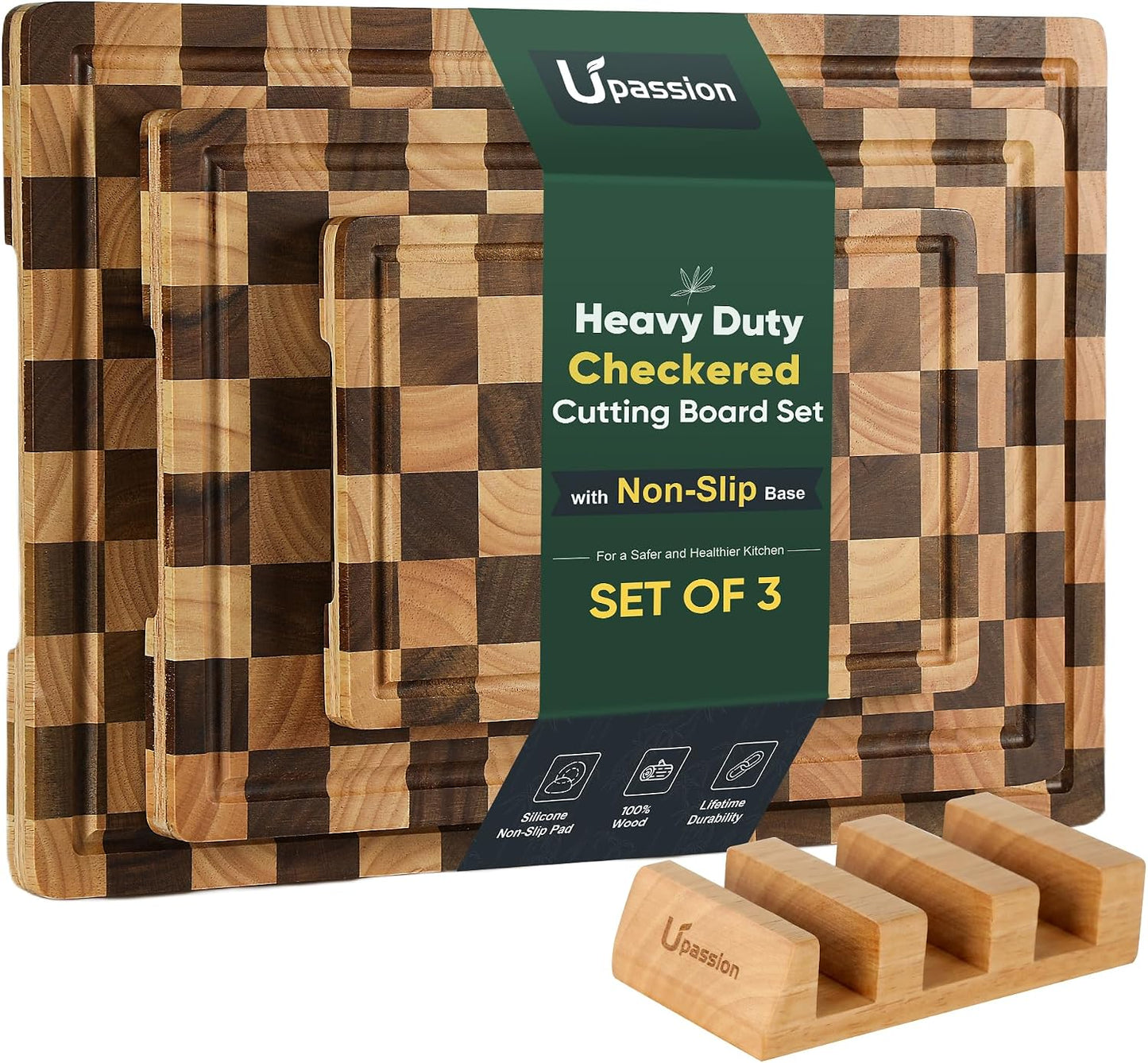 Heavy Duty Bamboo Cutting Board Set 3 Pack Non Toxic Juice Groove Charcuterie Board Book Wood Cutting Boards for Kitchen Solid End Grain Wood Chopping Board Large Butcher Block