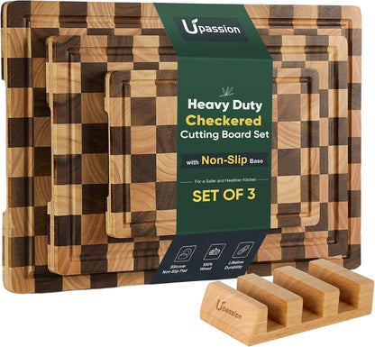 Heavy Duty Bamboo Cutting Board Set 3 Pack Non Toxic Juice Groove Charcuterie Board Book Wood Cutting Boards for Kitchen Solid End Grain Wood Chopping Board Large Butcher Block