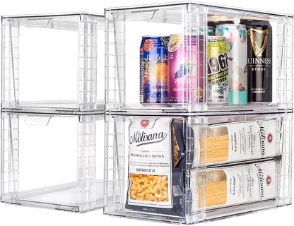 4Pack Large Stackable Kitchen Storage Drawers, Clear Foods Organizer Bins with Handles, Easily Assemble for Bathroom, Kitchen, Pantry, Cabinet, Closet(XL-UP Handle)