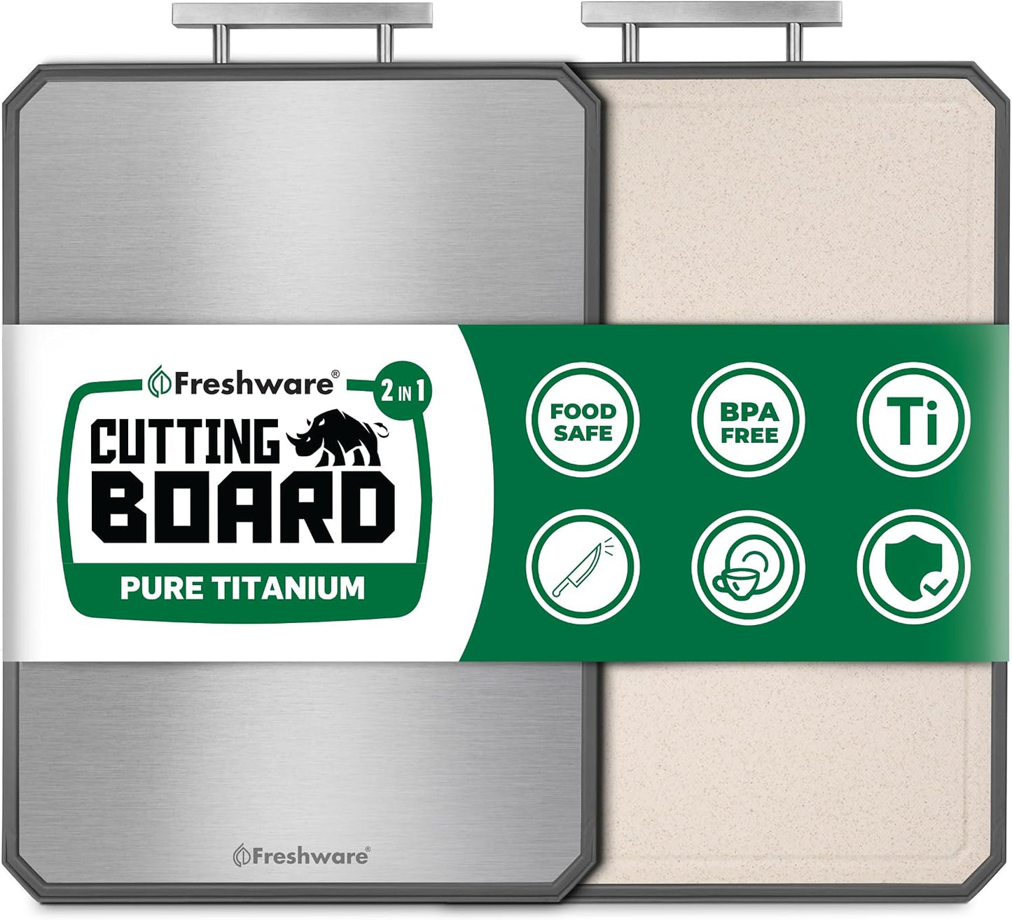 Freshware Titanium Cutting Board for Kitchen, Set of 2, Double Sided Cutting Boards, Pure Titanium/PP, Chopping Board with Juice Grooves, Dishwasher Safe, Medium 12.1" by 8.3" and Large 16.2" by 11"