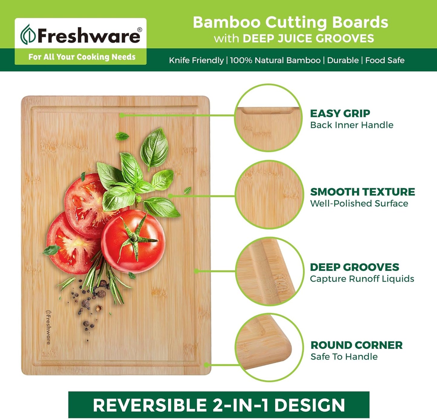 Freshware Wood Cutting Boards for Kitchen - Bamboo Cutting Board Set of 3, Cutting Boards with Juice Grooves, Serving Board Set, Chopping Board for Meat, Veggie, Easy Grip Handle (9x6", 12x8", 15x10")