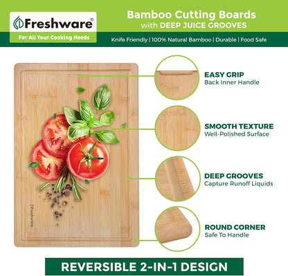 Freshware Wood Cutting Boards for Kitchen - Bamboo Cutting Board Set of 3, Cutting Boards with Juice Grooves, Serving Board Set, Chopping Board for Meat, Veggie, Easy Grip Handle (9x6", 12x8", 15x10")