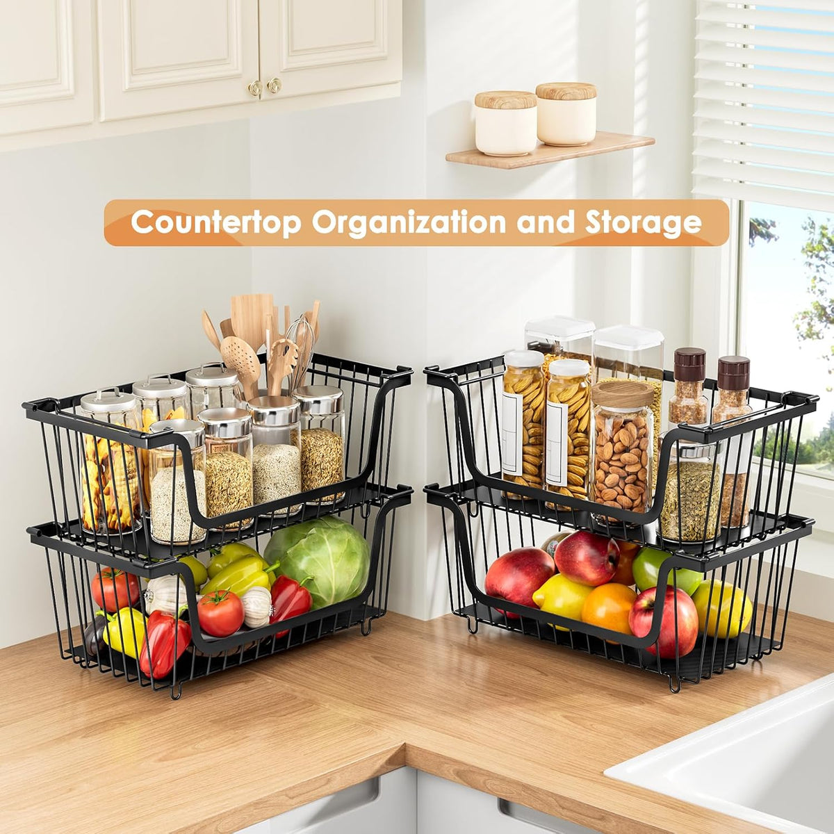 4 Pack Stackable Wire Baskets with Handles for Pantry Organizers and Storage, Fruit and Vegetable wire storage baskets, Potato and Onion Storage Bin, Metal Baskets for Organizing Snacks, Cans (White)