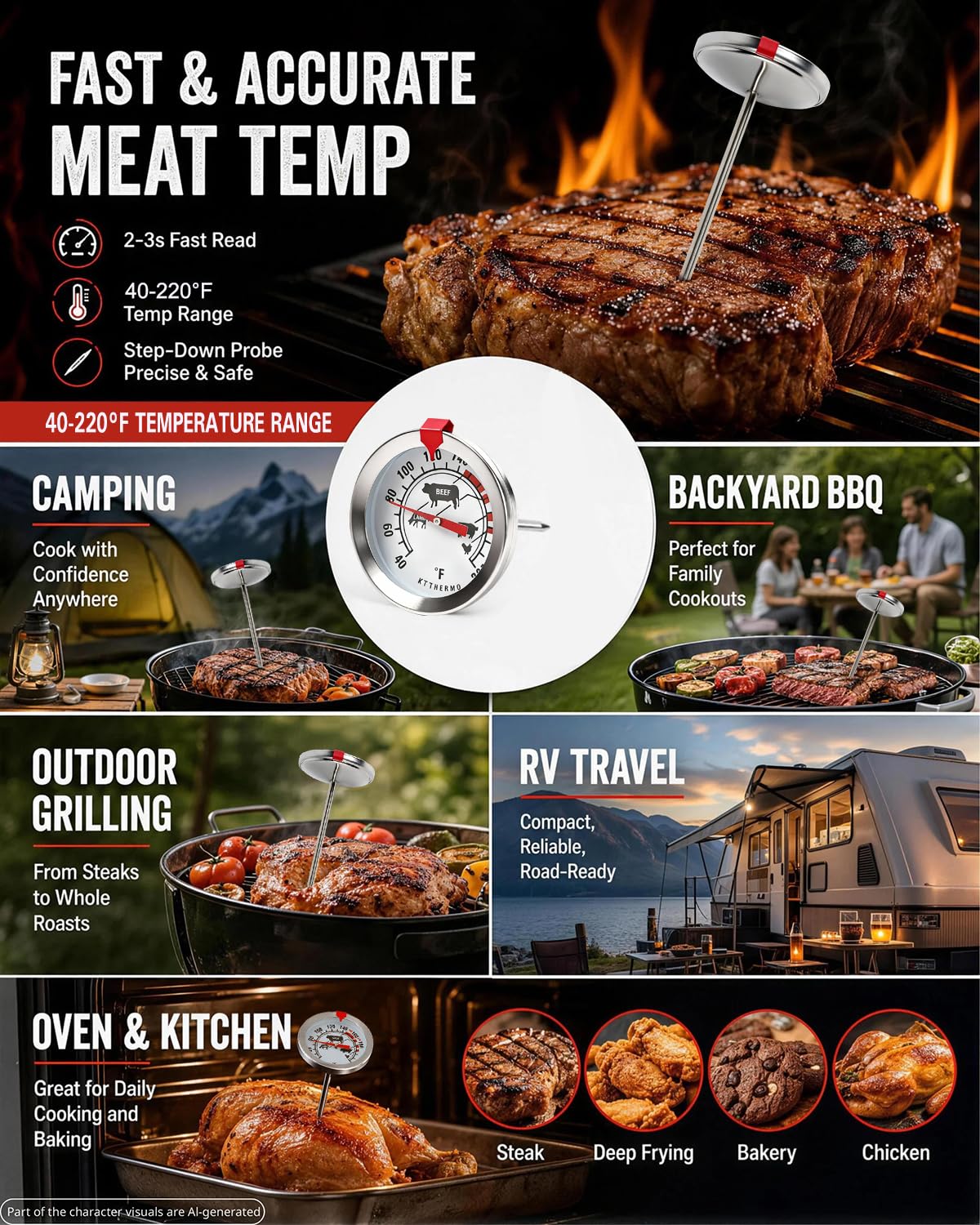 Oven Thermometer 2.75-Inch Dual Scale, 50-300°C/100-600°F, NSF 2‑Pack