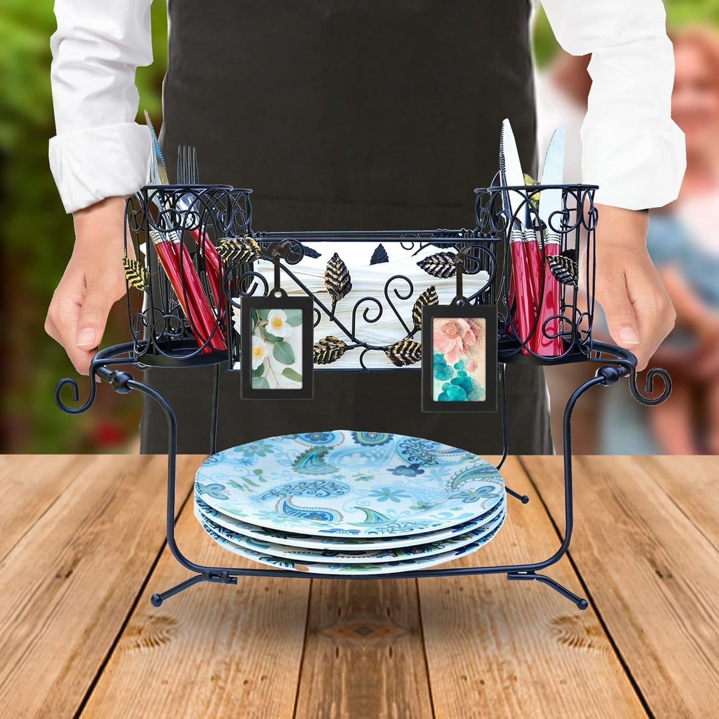 Portable Utensil Caddy for Parties, Elegant Leaf Design Buffet & Silverware Organizer with Napkin Holder, Stainless Steel Plate Storage Caddy for Camping, BBQ & Outdoor Dining