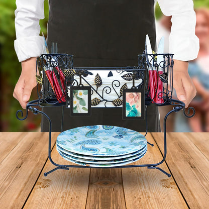 Portable Utensil Caddy for Parties, Elegant Leaf Design Buffet & Silverware Organizer with Napkin Holder, Stainless Steel Plate Storage Caddy for Camping, BBQ & Outdoor Dining